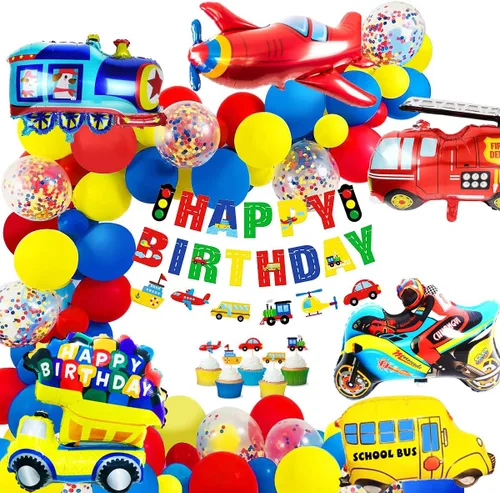 MOVINPE Decoración de Cumpleaños de Transporte para Niños Pancarta de Feliz Cumpleaños Autos Autobús Escolar Tren Camión de Bomberos Motocicleta