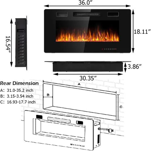 Miniatura 6 de ORALNER Chimenea eléctrica de 36 pulgadas, empotrada y montada en la pared con 12 efectos de llama, 5 brillo, control remoto y temporizador de 8