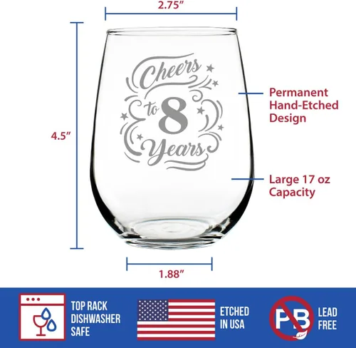 Miniatura 4 de Bevvee Cheers to 8 Years – Regalos de copa de vino sin tallo para mujeres y hombres – Decoración de fiesta de 8 aniversario – Vasos grandes de 17