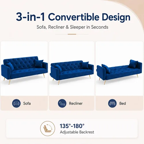 Miniatura 6 de Majnesvon Sofá cama plegable convertible de 71 pulgadas, moderno sofá biplaza de terciopelo con 2 almohadas, sofá cama futón con colchón y marco Azul