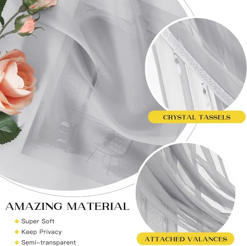 Miniatura 6 de NICETOWN - Cortinas transparentes elegantes de gasa para sala de estar/guardería, cortinas victorianas con bolsillo para barra, gris claro y blanco