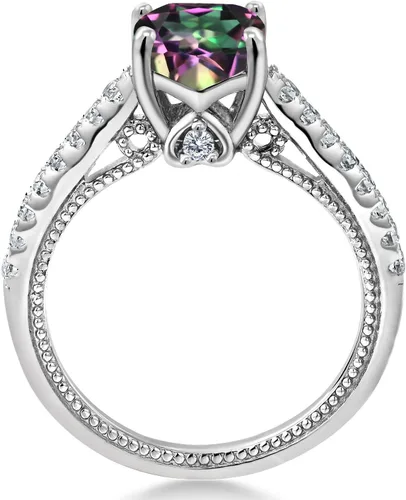 Miniatura 4 de Gem Stone King Anillo de compromiso de plata de ley 925 con piedra natal de 0.276 in y zafiro blanco creado Anillo de compromiso de boda
