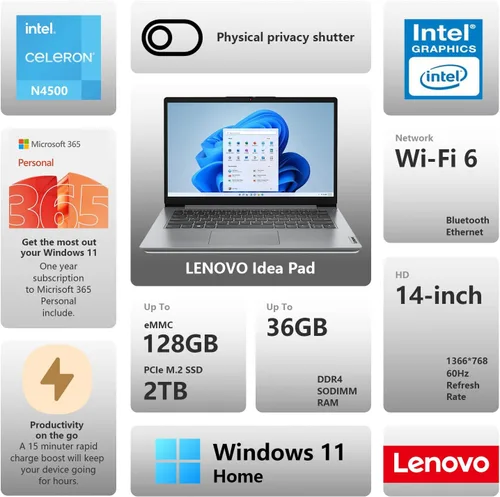 Miniatura 3 de Lenovo IdeaPad 1 Everyday Laptop con pantalla HD de 14 pulgadas, 8 GB de RAM, 384 GB de almacenamiento (128 GB eMMC + 256 GB PCIe), 1 año Office 365