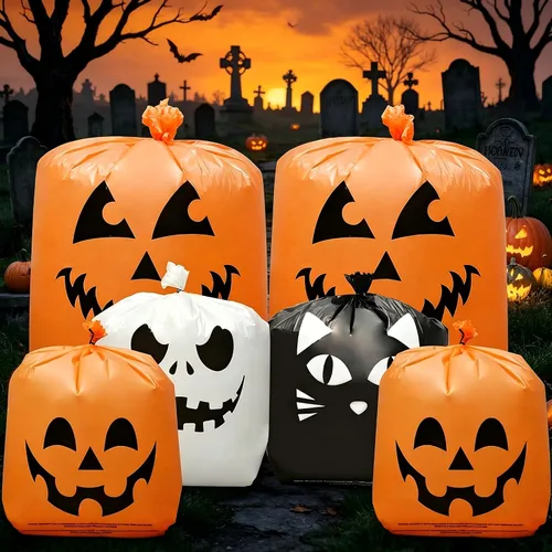 Miniatura 6 de 6 bolsas de calabaza de Halloween para césped, incluye 2 bolsas de 48 x 36 pulgadas de calabaza sonriente y 4 bolsas de basura de Halloween de 30 x