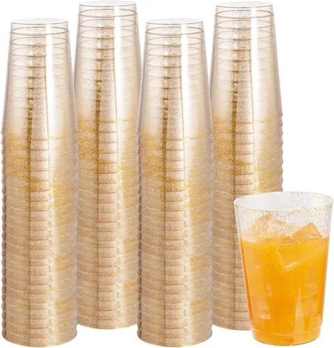 Miniatura 7 de I00000 Paquete de 100 unidades de vasos de plástico dorado de 12 onzas, vasos desechables con borde dorado, vasos de vino desechables y copas