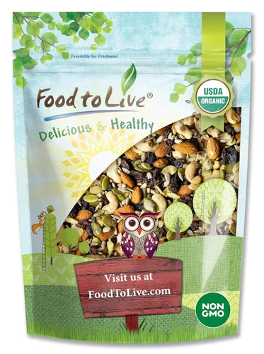 Food to Live Mezcla orgánica de semillas crudas, nueces y pasas, 8 onzas, mezcla de frutos secos crudos sin OMG que contiene almendras, anacardos,