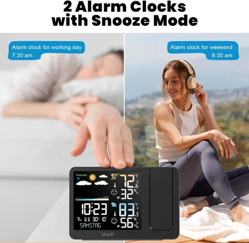Miniatura 4 de uzoli Reloj Despertador de Proyección Estación Meteorológica, Reloj Proyector Atómico WWVB con Sensor, Retroiluminación Ajustable, Temperatura