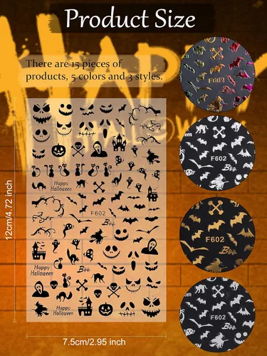 Miniatura 2 de 15 hojas de calcomanías de arte de uñas de Halloween, calcomanías de EBANKU 3D autoadhesivas con láser de calabaza, bruja y esqueleto, calcomanías