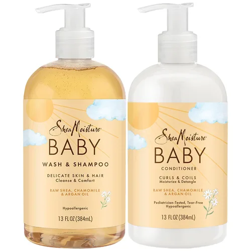 SheaMoisture Baby Essentials, gel de baño y champú + acondicionador de rizos y bobinas, desenredante con karité crudo, manzanilla y aceite de argán,