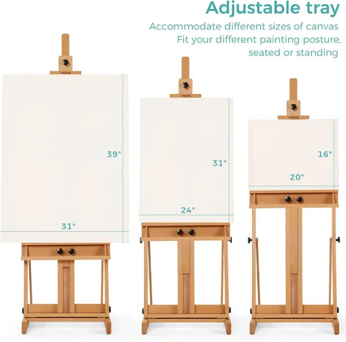 Miniatura 6 de VISWIN Caballete grande con marco en H para pintar de 53 a 91 pulgadas de alto, soporte ajustable de madera de haya maciza resistente con bandeja