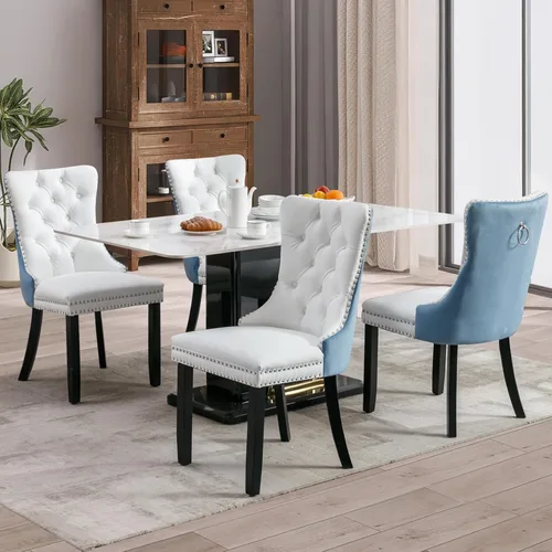 Miniatura 132 de SoarFlash Juego de 2 sillas de comedor de tela de lino, sillas de comedor tapizadas con ribete de cabeza de clavo y patas de madera de color claro
