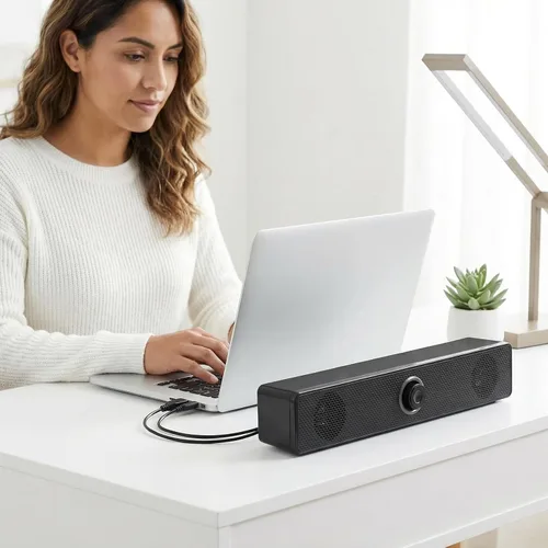 Miniatura 9 de HOMSFOU Sistema de barra de sonido 2.0 Altavoz estéreo de escritorio para TV PC Dispositivos móviles Barra de sonido compacta para el hogar