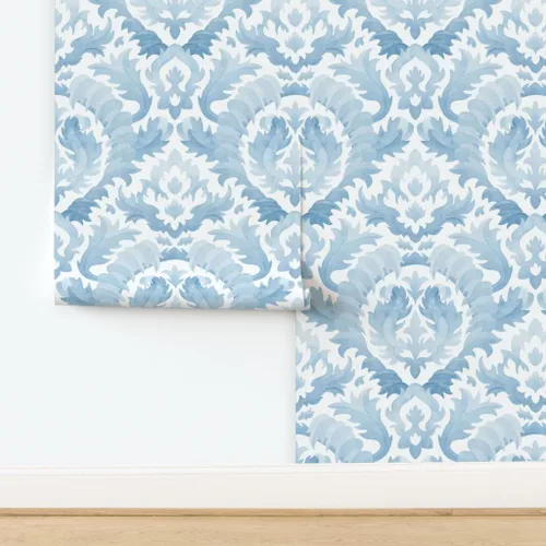 Miniatura 4 de Muestro de papel tapiz extraíble – Acuarela Damasco Botánico Floral Azul Claro Monocromo Clásico Barroco Hoja de Acanto Papel pintado personalizado