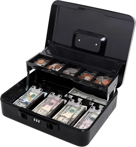 Miniatura 19 de Jssmst Caja grande de metal con cerradura con bandeja de dinero, caja de dinero con cerradura de combinación, color negro Cerradura de combinación