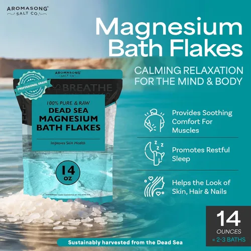 Miniatura 2 de Aromasong Escamas de magnesio del mar muerto, 14 onzas. Paquete resellable - Sales de baño de cloruro de magnesio relajantes musculares remojadas.