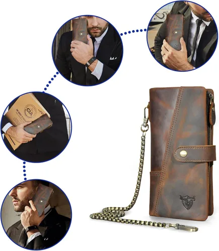 Miniatura 41 de Genuino Caballo Loco Cuero Regalo de Viaje Moneda Bolsillo Tarjetero Organizador Largo Cadena Rfid Cartera Monedero Con Broche Para Hombres Hombres
