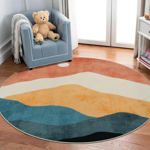 Miniatura 6 de Alfombras abstractas redondas de 5 pies para dormitorio, alfombra circular lavable antideslizante, alfombra de piso suave y colorida de pelo bajo