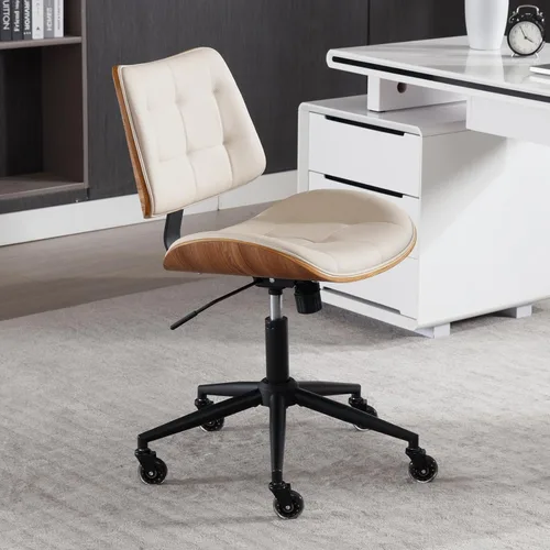 Miniatura 4 de Silla de escritorio de oficina en casa con ruedas, silla de oficina sin brazos de altura ajustable, piel sintética, respaldo medio, silla de Beige