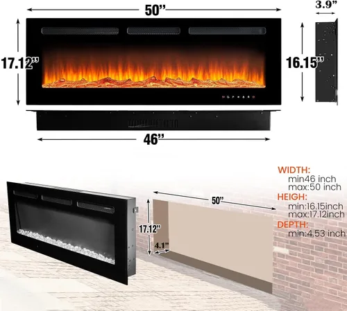Miniatura 9 de oneinmil - Chimenea eléctrica de 50 pulgadas de ancho para empotrar/montar en pared, chimenea eléctrica con control remoto con temporizador, 12