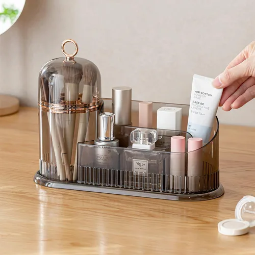 Miniatura 4 de Organizador de maquillaje, organizador de cuidado de la piel con soporte para cepillo, almacenamiento dividido para cosméticos, almacenamiento