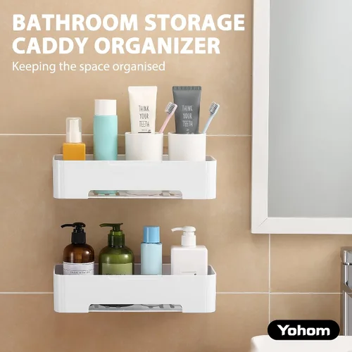 Miniatura 8 de YOHOM Estante adhesivo de ducha para pared de baño, soporte de champú de plástico para almacenamiento de ducha, cesta blanca