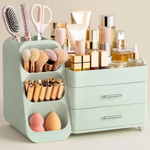Miniatura 12 de HBlife Organizador de maquillaje con soporte para brochas para tocador, organizador grande de plástico para tocador de baño, almacenamiento