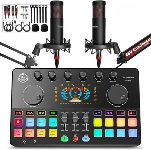 Paquete de equipo de podcast para 2, mezclador de DJ de interfaz de audio con micrófono condensador XLR de 48 V, RGB, cambio de voz, para HS-M100-2X