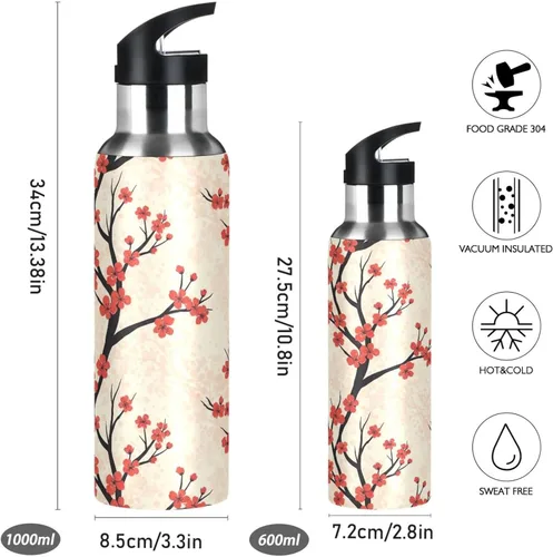 Miniatura 2 de Insulated Water Bottle 20 Oz, BPA-Free Sport Water Bottle for Gym Outdoor Travel School, Red Cherry Blossoms Dots