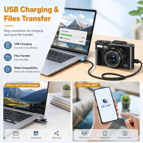 Miniatura 6 de Cámara Digital 4K para Fotografía, Cámara de Vlogging 4K 64MP para YouTube con Pantalla Abatible de 180° de 3", Cámara WiFi Compacta con Zoom Negro