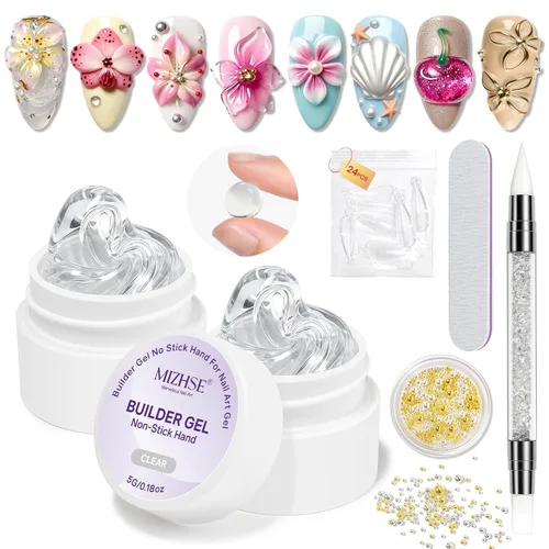 Miniatura 10 de MIZHSE 2PCS 3D Gel Nail Art Clear Sculpting Gel, 5 in 1 Clear Non-Sticky Sculpture Molding Solid Builder Gels for Nails with Chrome Nail Powder Kit
