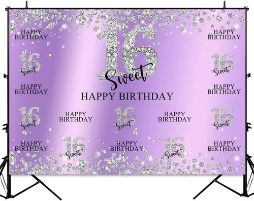 Miniatura 2 de Sensfun Telón de fondo para fiesta de cumpleaños de 16 años, morado y plateado, decoración de dulces dieciséis dulces, diamantes con purpurina