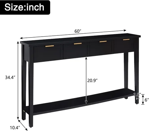 Miniatura 2 de Mesa consola con cajón, mesa de entrada larga estrecha con estante inferior para pasillo, entrada y sala de estar, color negro
