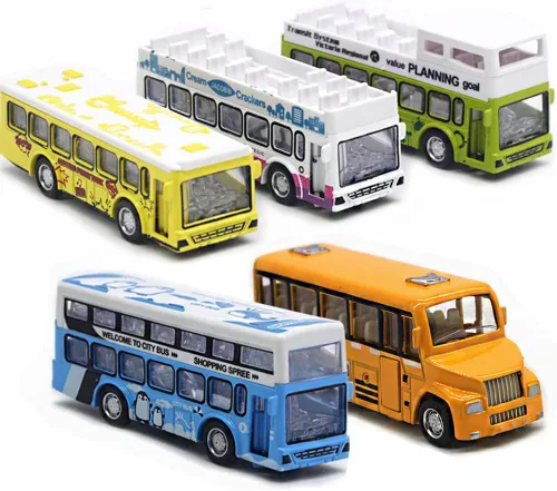 KIDAMI Juego de 5 autos de juguete de metal fundido a presión, a escala 1:64, con puertas abiertas, vehículos de autobús urbano de dos pisos para