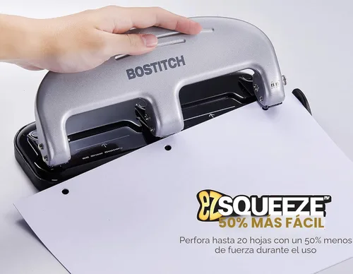 Miniatura 3 de Bostitch Office EZ Squeeze - Perforadora de 3 agujeros, capacidad para 20 hojas, esfuerzo reducido, tecnología anti-atasco, plateada Plateado