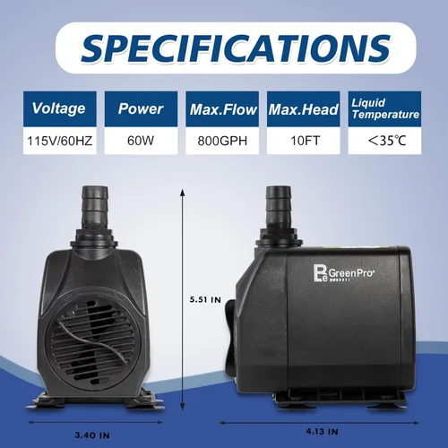 Miniatura 2 de Bomba de agua sumergible de 800 GPH (3000 L/H 60 W), bomba de fuente ajustable ultra silenciosa con 4 boquillas de elevación de 10 pies de alto