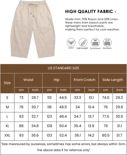 Miniatura 6 de COOFANDY Pantalones capri de lino para hombre, pantalones casuales con cordón, pantalones holgados de harén, pantalones capri de playa de pierna