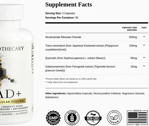 Miniatura 3 de Fórmula de longevidad NAD+ - 500 mg de ribósido de nicotinamida con trans-resveratrol y quercetina - Apoya la energía celular, el envejecimiento