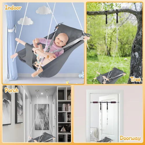 Miniatura 6 de Columpio para bebé interior y exterior, hamaca de lona para bebé a niño pequeño con asiento cómodo, juguete de madera Macaroon, arnés ajustable de 5