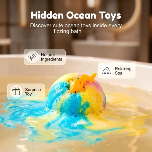 Miniatura 3 de Bombas de baño naturales 2026 para niños con mega burbujas y sorpresa en el interior, paquete de 12 burbujas coloridas naturales con juguetes