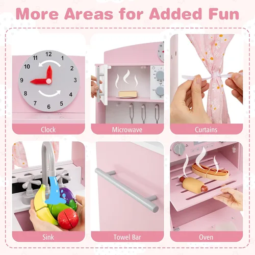 Miniatura 2 de Costzon Juego de Cocina para Niños, Juguetón de Madera de Pequeño Chef con 3 Alturas Ajustables, Barra de Toallas, Cortinas, Microondas, Estufas