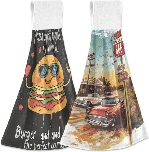 Toallas de cocina colgantes para baño, lindas hamburguesas simples, gasolinera, estilo retro, juego de 2 toallas de Navidad para cocina