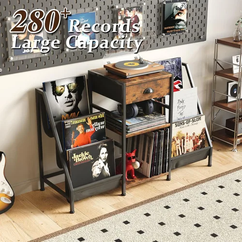 Miniatura 3 de Soporte para tocadiscos con cajón, mesa para tocadiscos con almacenamiento de discos de vinilo de hasta 280 álbumes, soporte giratorio con estante