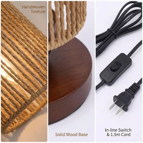 Miniatura 6 de Lámpara de mesa pequeña de ratán para dormitorio, lámpara de noche bohemia con bombilla LED cálida, lámpara de mesita de noche de mimbre tejida a