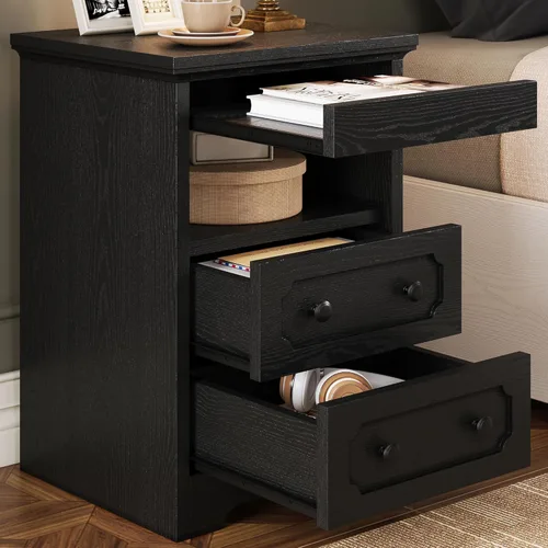 Mesita de noche LIKIMIO, mesa de noche moderna con 2 cajones, estante abierto, mesa auxiliar con bandeja extraíble, mesa auxiliar de madera, color