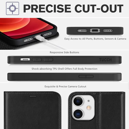 Miniatura 8 de TUCCH Funda tipo cartera para iPhone 12/iPhone 12 Pro 5G, con bloqueo RFID, ranura para tarjetas y soporte