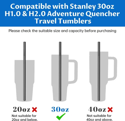 Miniatura 2 de Tomorotec Juego de 14 popotes de acero inoxidable de 11 pulgadas y 2 cepillos de limpieza con diseños curvos y rectos, compatible con vasos Stanley