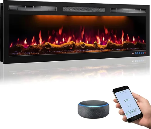 Chimenea eléctrica de 50 pulgadas habilitada para WiFi con insertos y montaje en pared, chimenea eléctrica empotrada, llama multicolor, control por