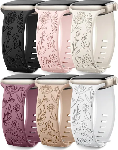 Miniatura 20 de SNBLK Paquete de 6 correas florales grabadas compatibles con Apple Watch de 40mm 41mm 42mm 38mm 44mm 45mm 46mm 49mm, mujeres y hombres, correa