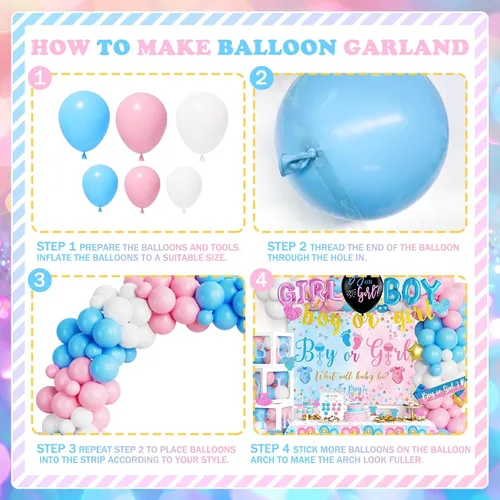Miniatura 3 de Hombae - 170 piezas de decoraciones para revelación de género “cajas de bebé”, con fondo, guirnalda de globos, pancarta, mantel