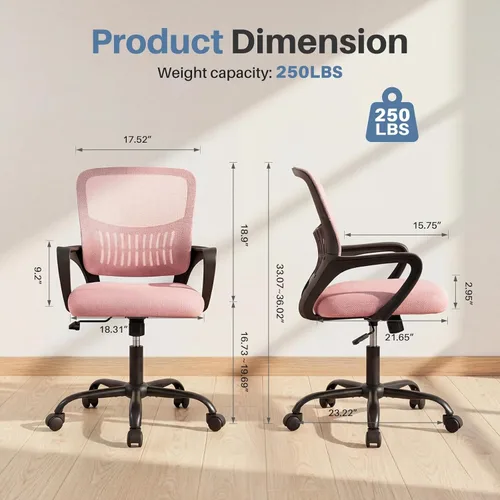 Miniatura 3 de DUMOS Silla de oficina en casa – Silla de escritorio ergonómica de malla con respaldo medio con soporte lumbar y modo mecedor, altura ajustable